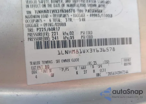 2003 Lincoln Town Car Executive z USA, uszkodzony, nr VIN 1LNHM81WX3Y636578